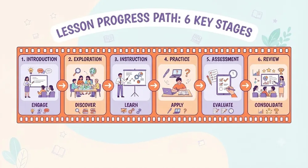 A lesson as connected stages the runtime walks through