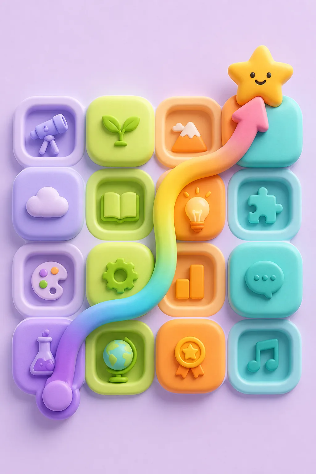 Toy-style mastery path across a pastel concept grid