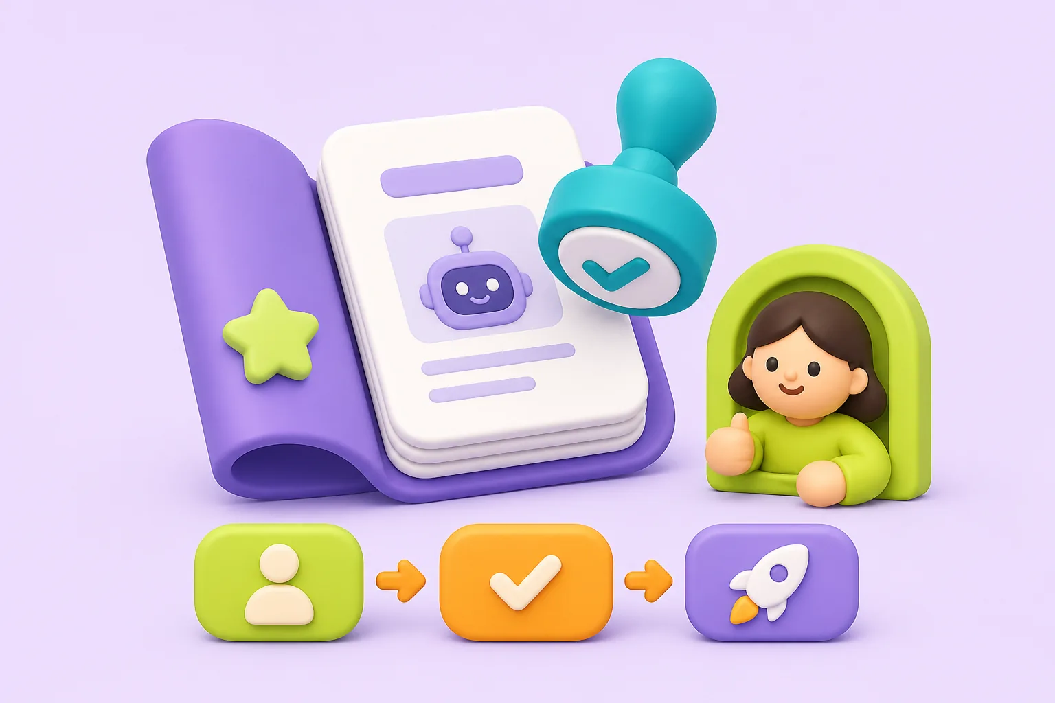 Toy-style approval stack with checkmark and publish stages