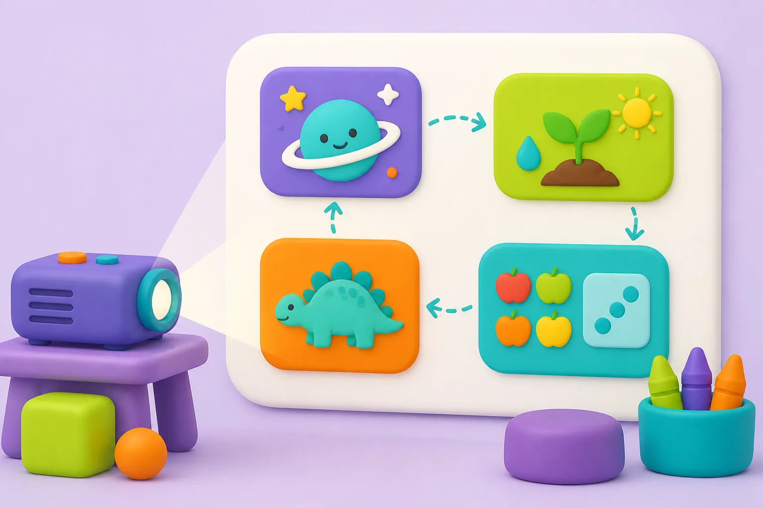 Toy-style projector casting a rounded lesson board