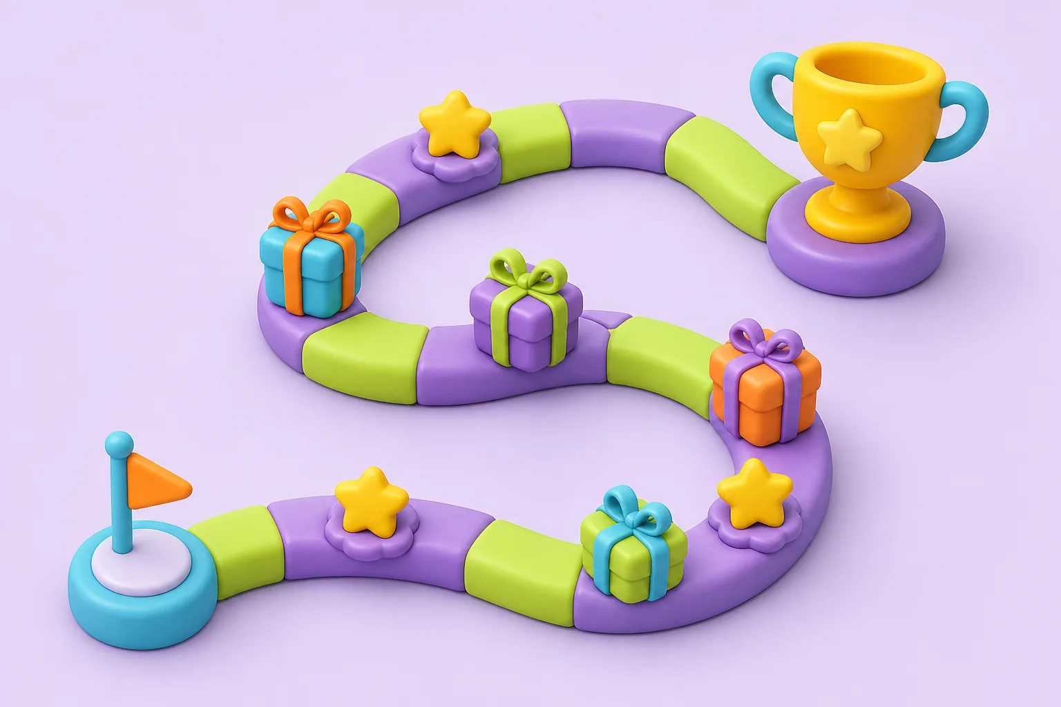 Toy-style season track with stars, gifts, and a trophy